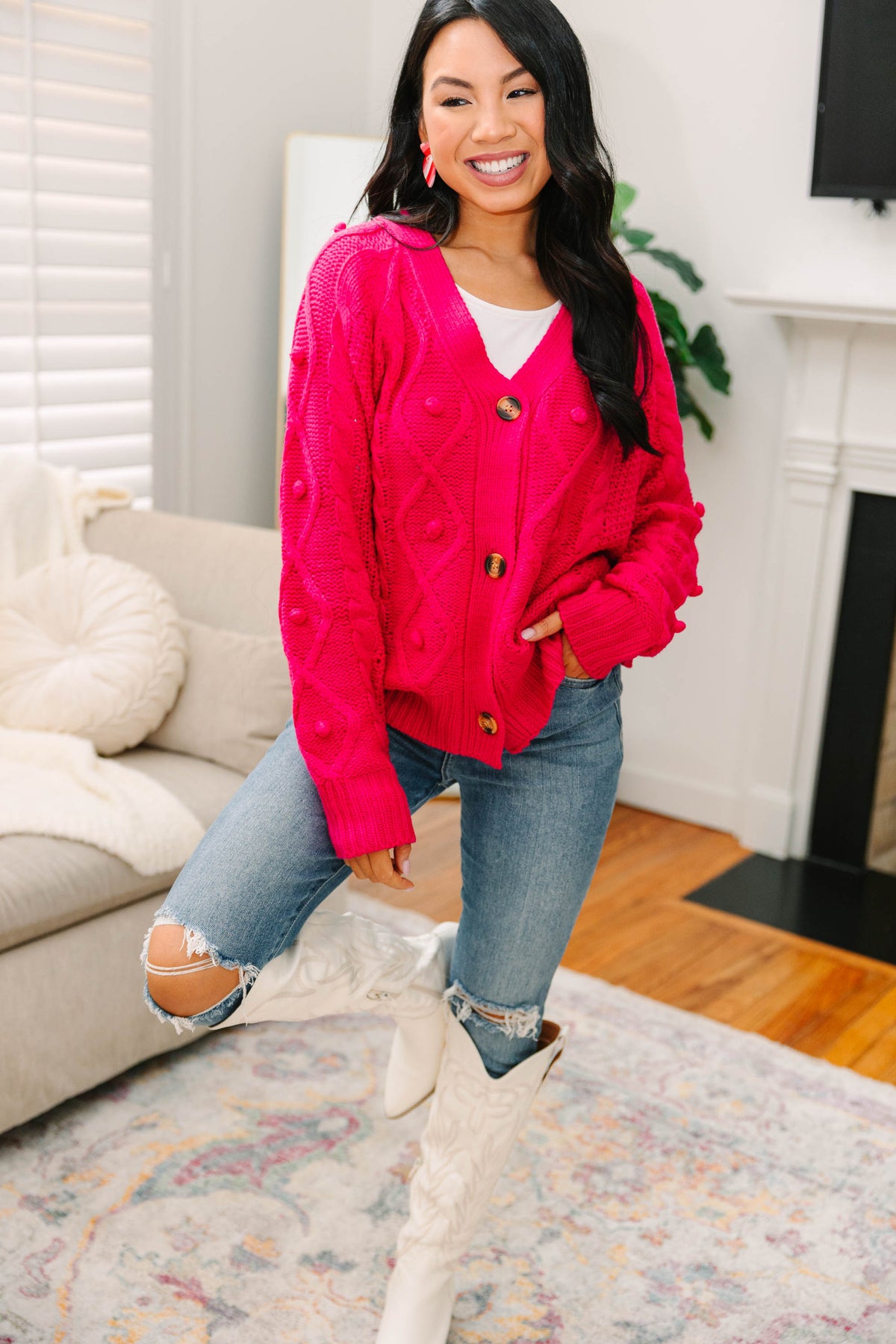 Coming Back To You Hot Pink Cable Knit Cardigan Shop the Mint