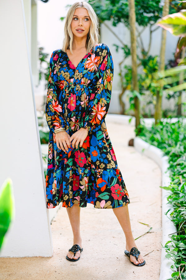 womens black floral midi dress Black Floral Zipper Slip Midi Dress