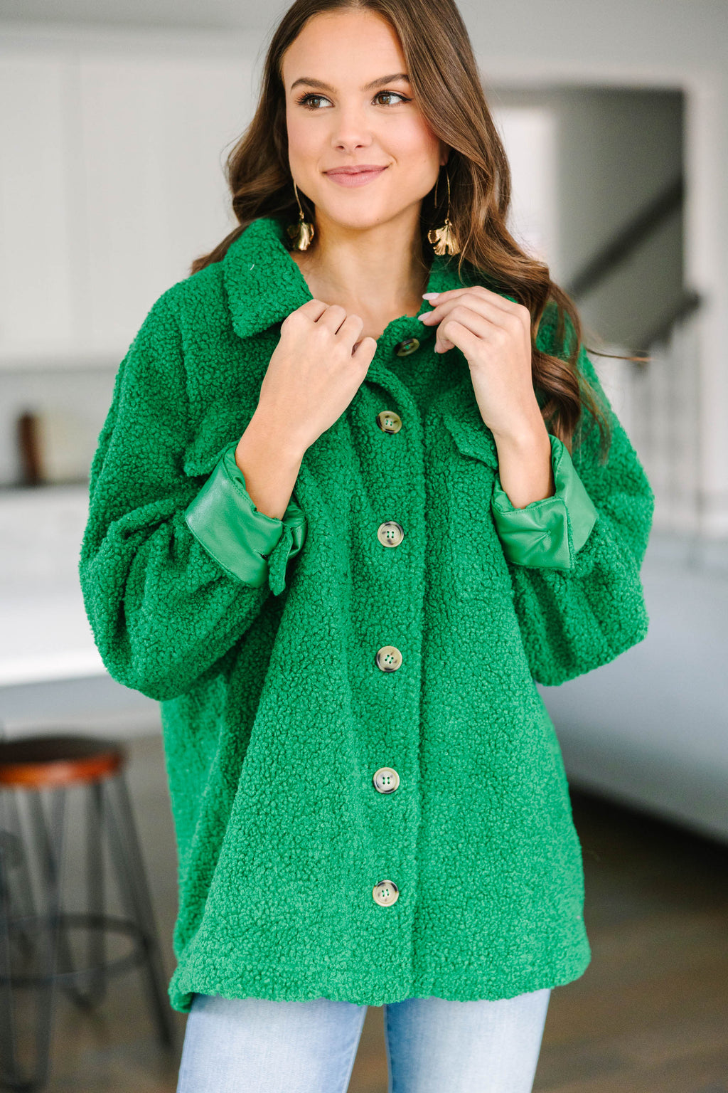 Green tea women's fluffy sherpa top sale