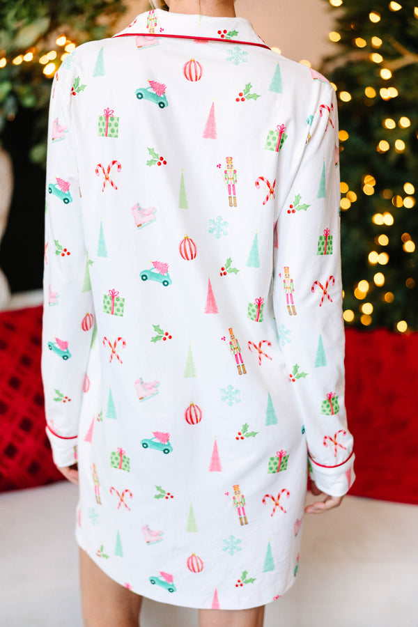 Staying In White Holiday Print Pajama Dress