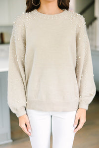 Can't Help But Love Oatmeal Brown Pearl Studded Sweater