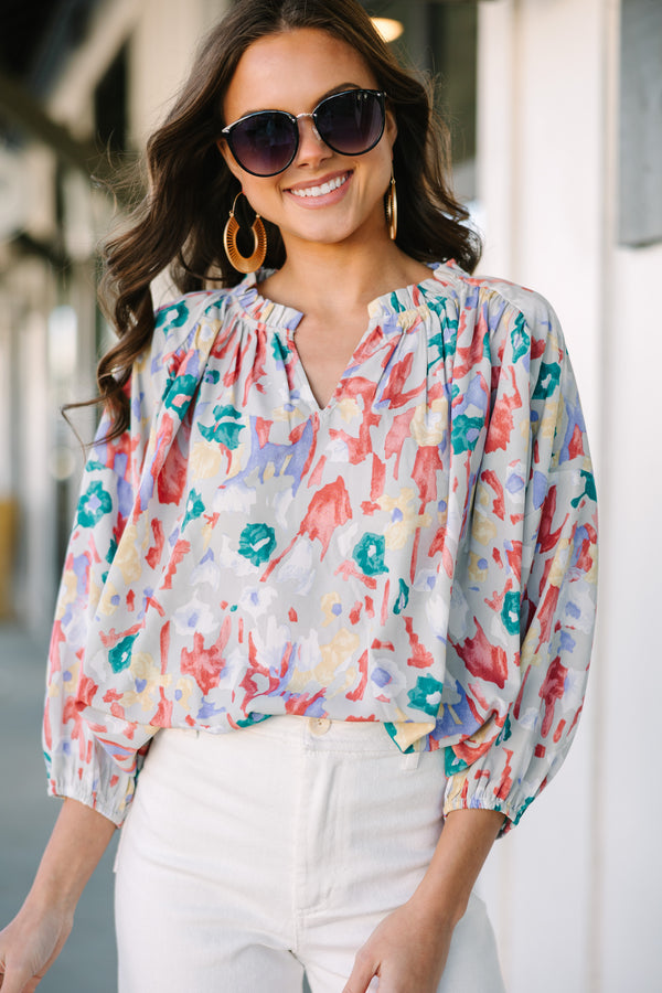 Take You With Me Gray Floral Blouse