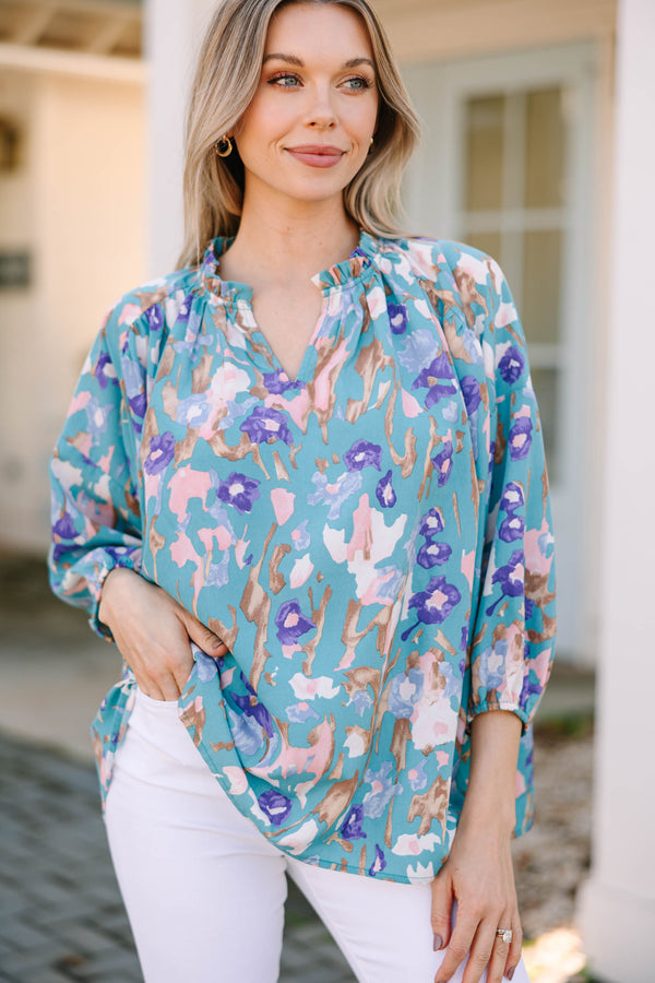 Take You With Me Teal Blue Floral Blouse