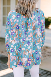 Take You With Me Teal Blue Floral Blouse