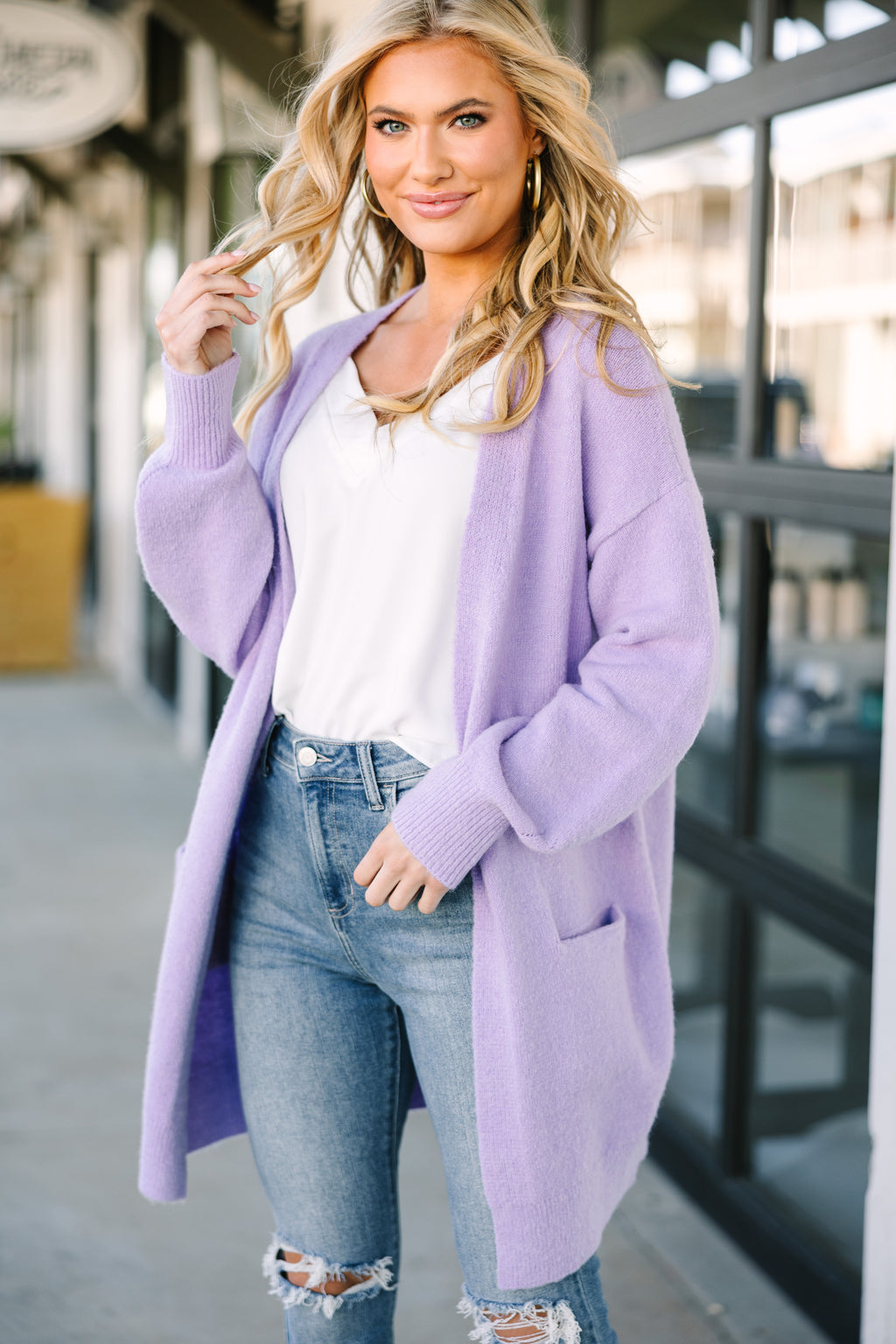 Mauve best sale cardigan outfit