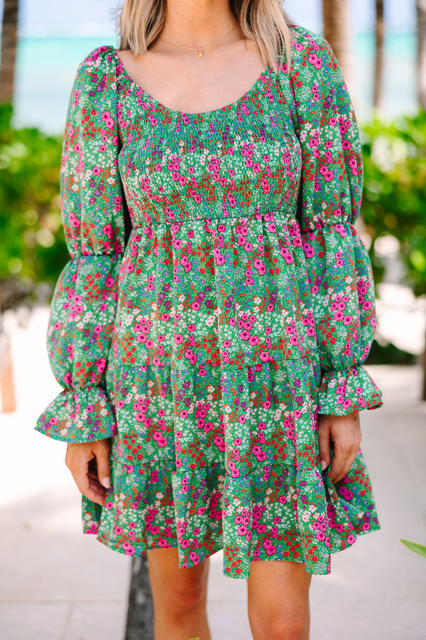 kelly green ditsy floral long sleeve tiered babdyoll dress