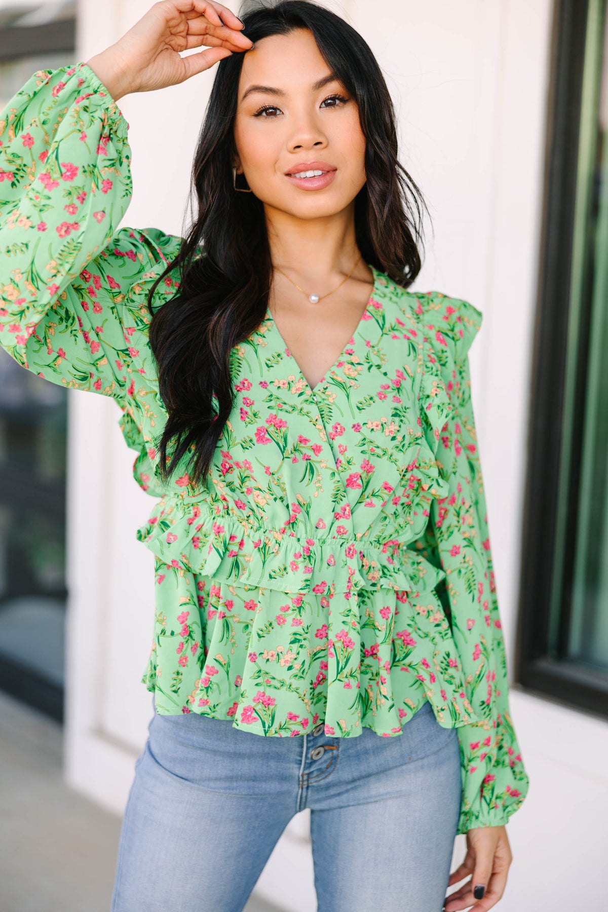 Women Green Ditsy Floral Twisted Top With Pants