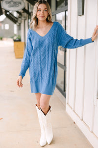 We All Know Blue Cable Knit Sweater Dress