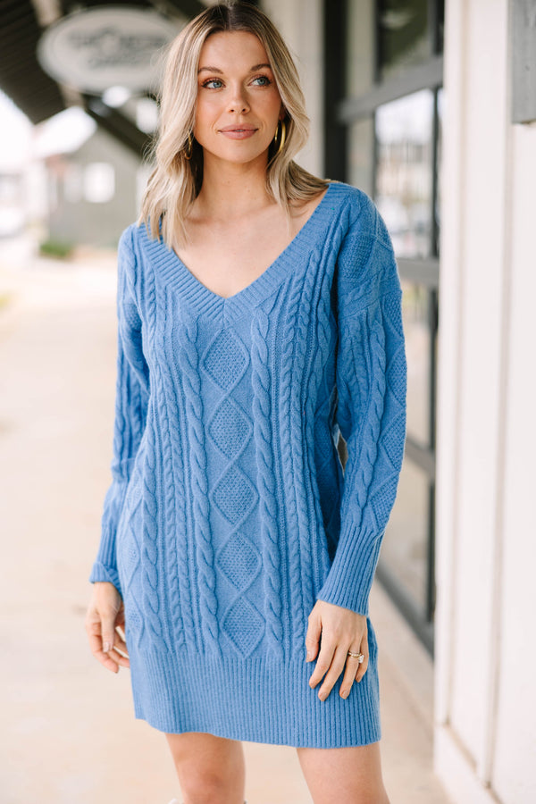 We All Know Blue Cable Knit Sweater Dress