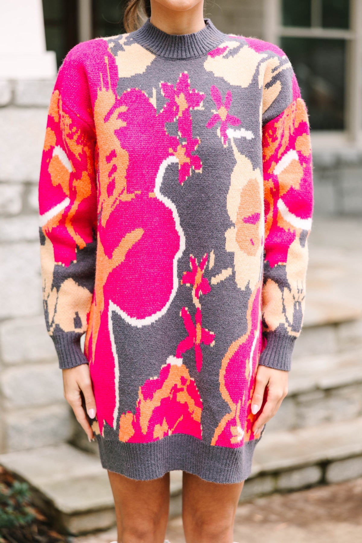 Thinking Of You Charcoal Gray Floral Sweater Dress Shop the Mint