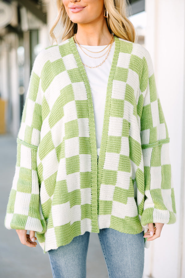 That's Life Sage Green Checkered Cardigan