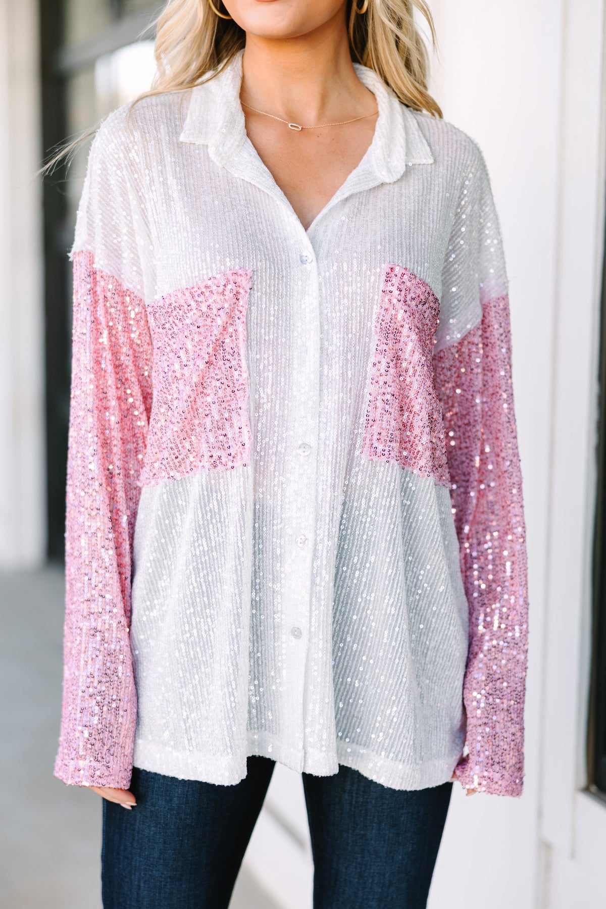 Let's Hit Broadway Pink Colorblock Sequin Blouse – Shop the Mint