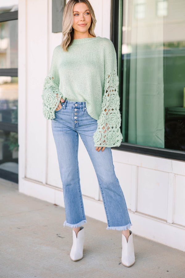 Need Your Love Mint Green Crochet Sleeve Sweater – Shop the Mint