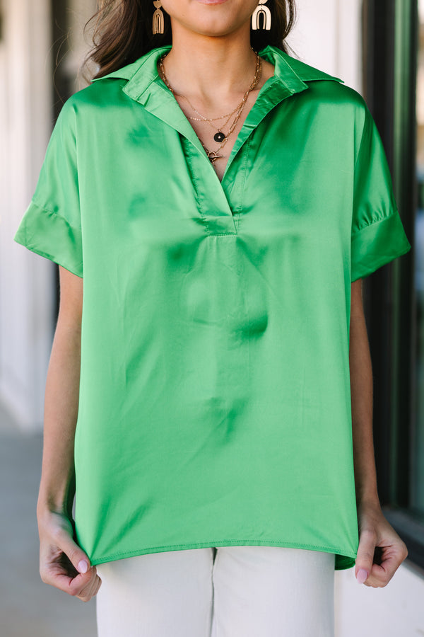 Just Think It Over Green Apple Satin Blouse
