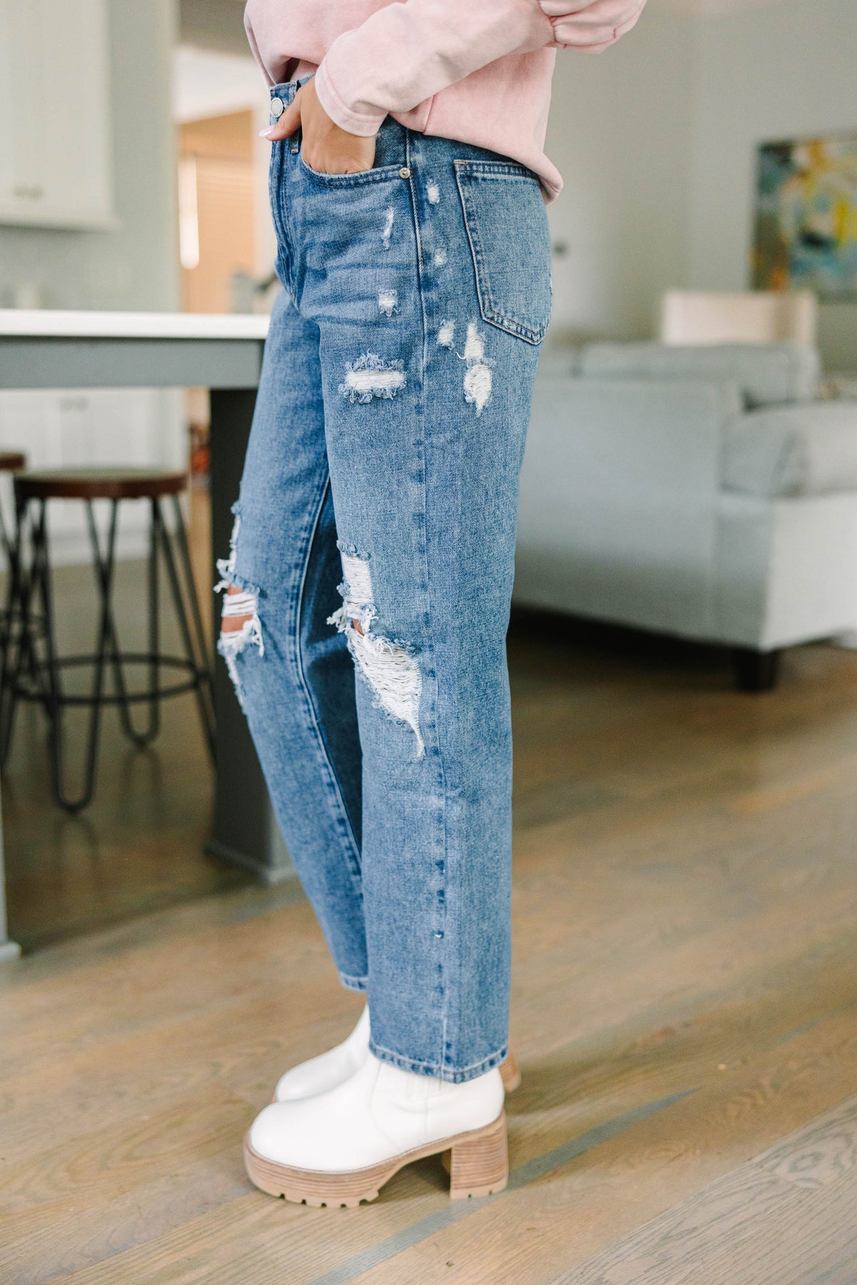 Premium Denim High Waisted Mom Jeans in Distressed Light Mid-Wash - FI - Grace a Premium Denim High Waisted Mom Jeans in Distressed Light Mid-Wash - FI - Grace a