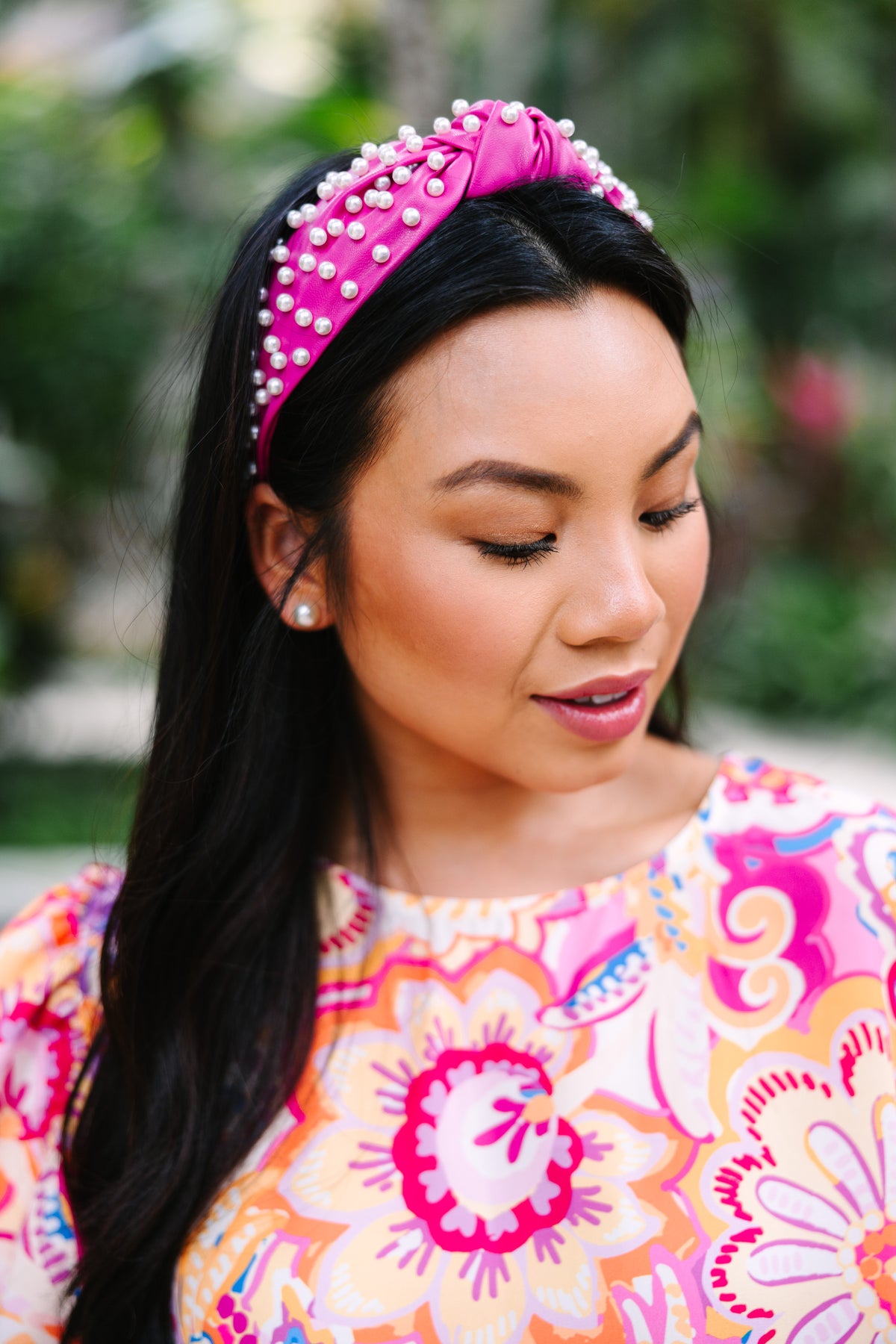 132. The Hot Pink Flower Terry Headband Lowknot Retro Floral Knot Headband | Hair Accessories by Nine Designs main image 4