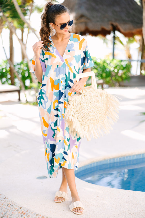 blue abstract print short sleeve midi dress