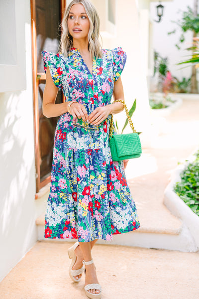 Bright Days Ahead Navy Blue Floral Midi Dress