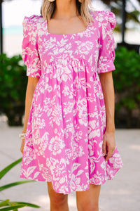 pink floral babydoll dress with short puff sleeves