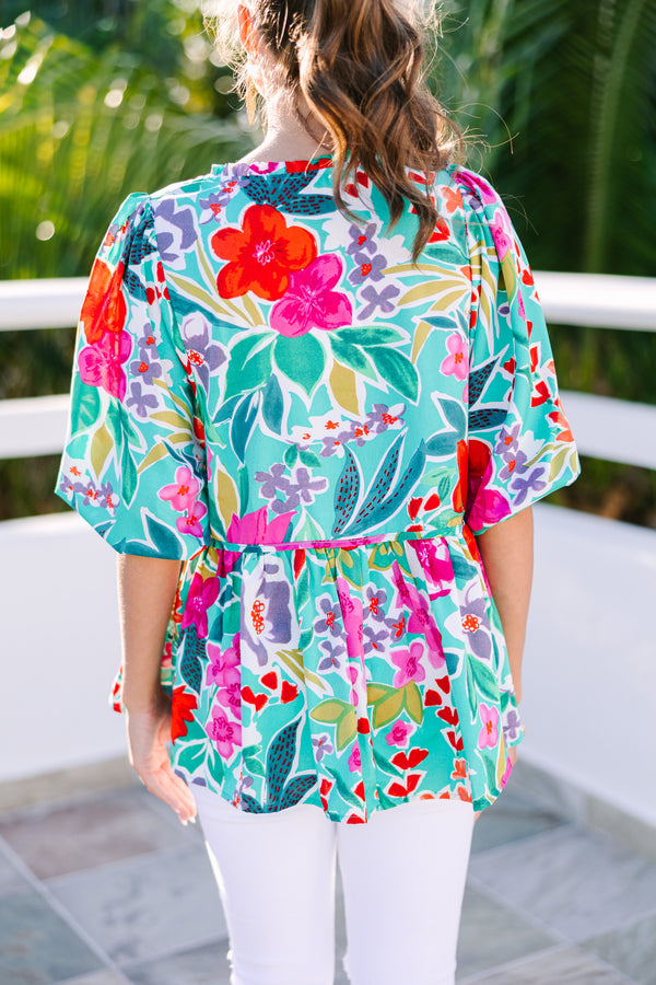 All On You Teal Green Floral Blouse