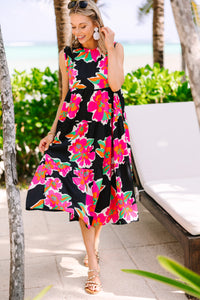 See You There Black Floral Midi Dress