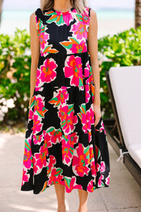 See You There Black Floral Midi Dress