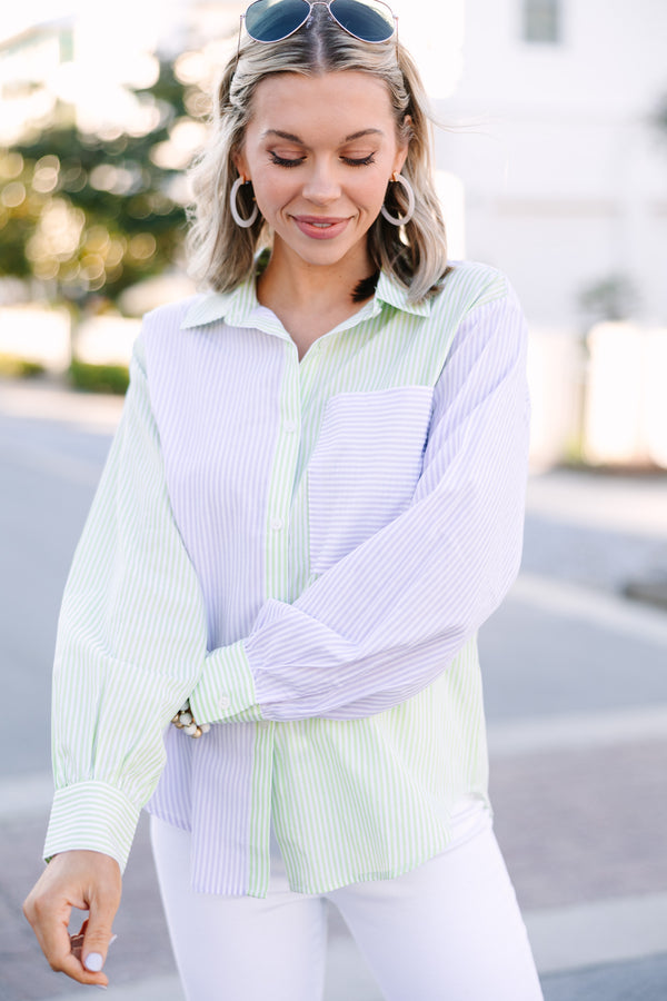 Off The Hook Green Striped Button Down Top