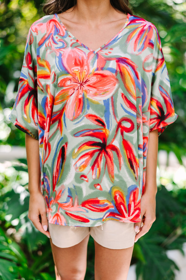 Tropical Trance Sage Green Floral Top