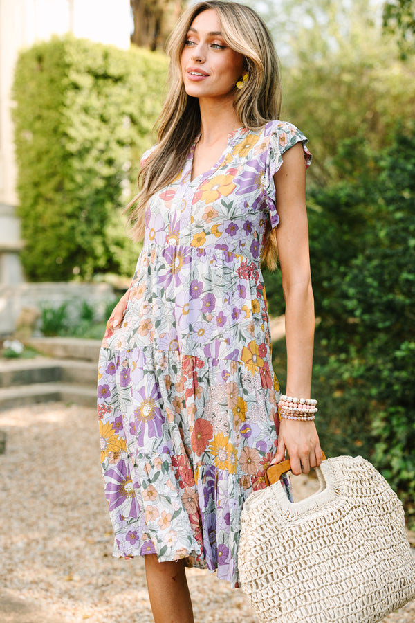 purple floral tiered dress Simone Lavender Floral Tiered Midi Dress