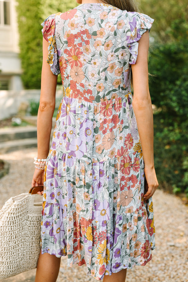 lavender floral tiered knee length dress