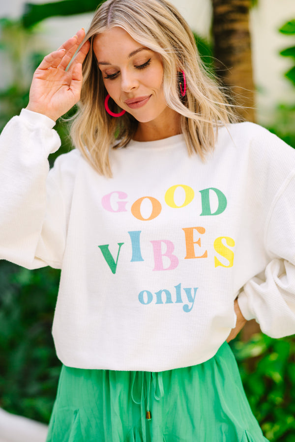 Good Vibes Only White Graphic Corded Sweatshirt