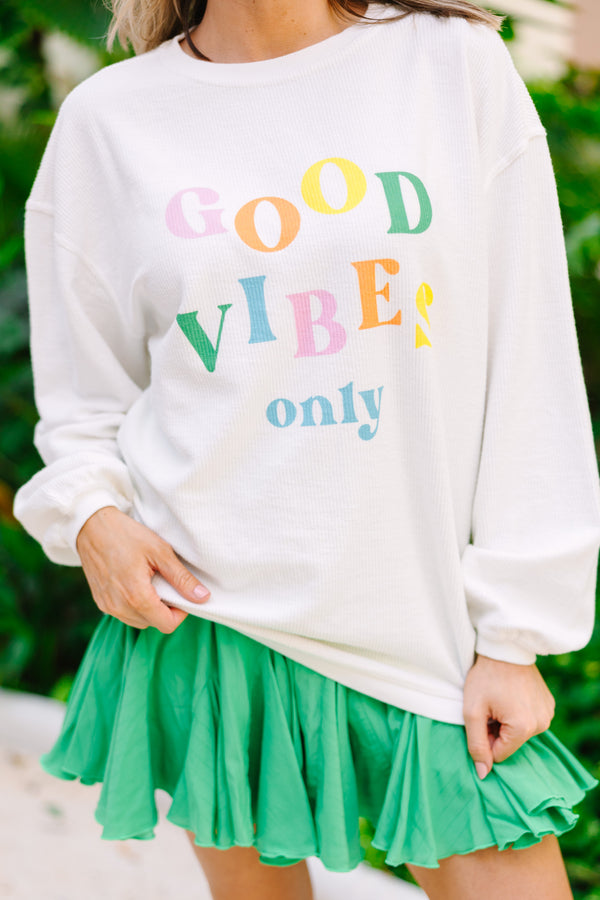 Good Vibes Only White Graphic Corded Sweatshirt