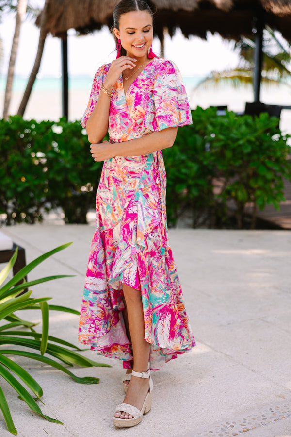 Tahiti Is Calling Fuchsia Pink Abstract Maxi Dress
