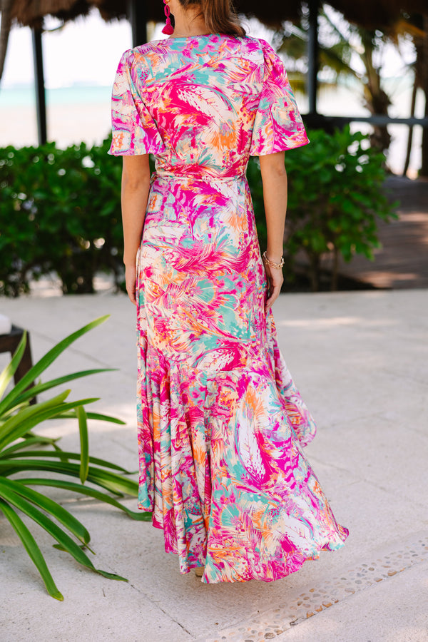 Tahiti Is Calling Fuchsia Pink Abstract Maxi Dress