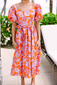 All For Love Orange Floral Midi Dress