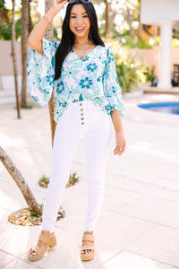 Take You There Teal Blue Floral Blouse