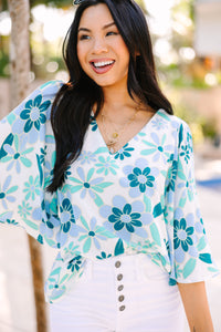 Take You There Teal Blue Floral Blouse