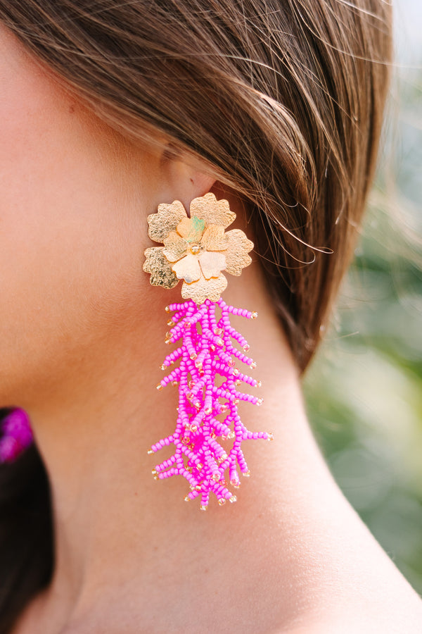 Trendy Handcrafted Pink Orange Pearl Beaded Sequence Drop Earrings
