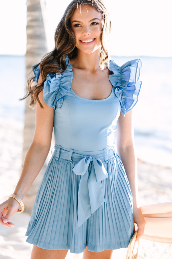 It's All For You Chambray Blue Ruffled Romper
