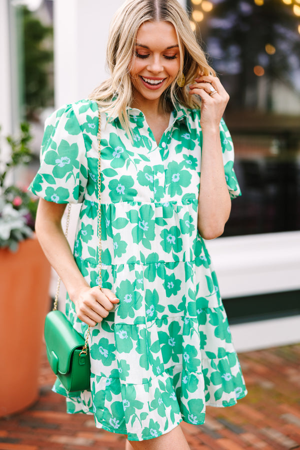 Look Where You Are Kelly Green Floral Babydoll Dress