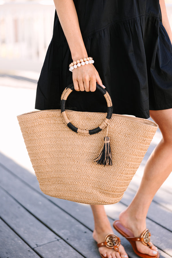 Happy Going Taupe Brown Straw Tote Bag