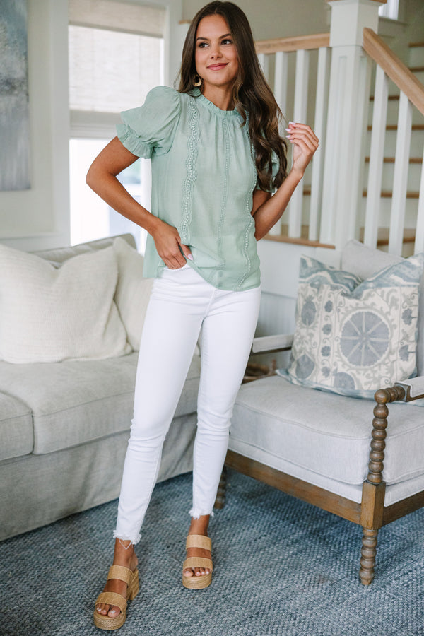 Wish You Were Here Sage Green Crochet Blouse