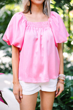 Born To Shine Satin Ruffle Blouse - Blush