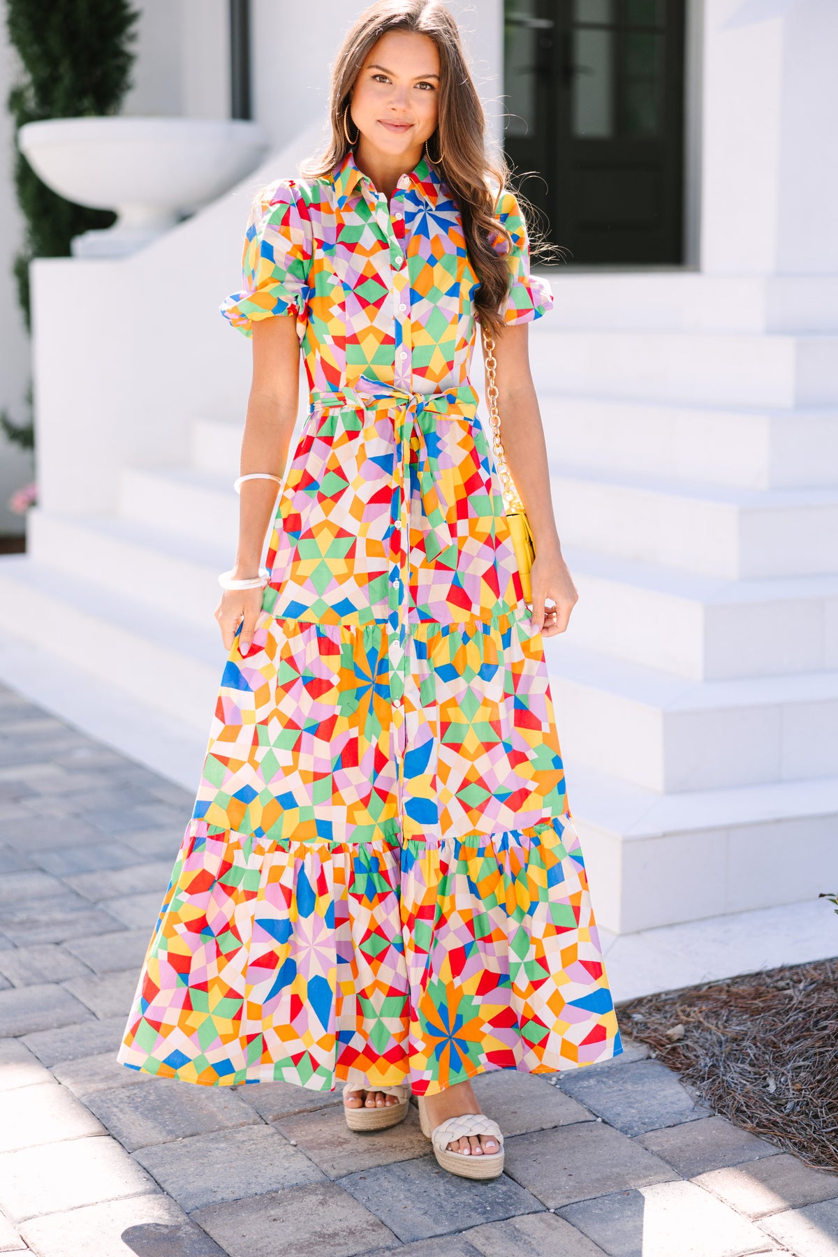 geometric maxi dress What Dreams Are Made Of Pink – Shop the Mint Full Length Sleeve Style tinesxo on LTK Train:Floor-length (no Train) smocked bust