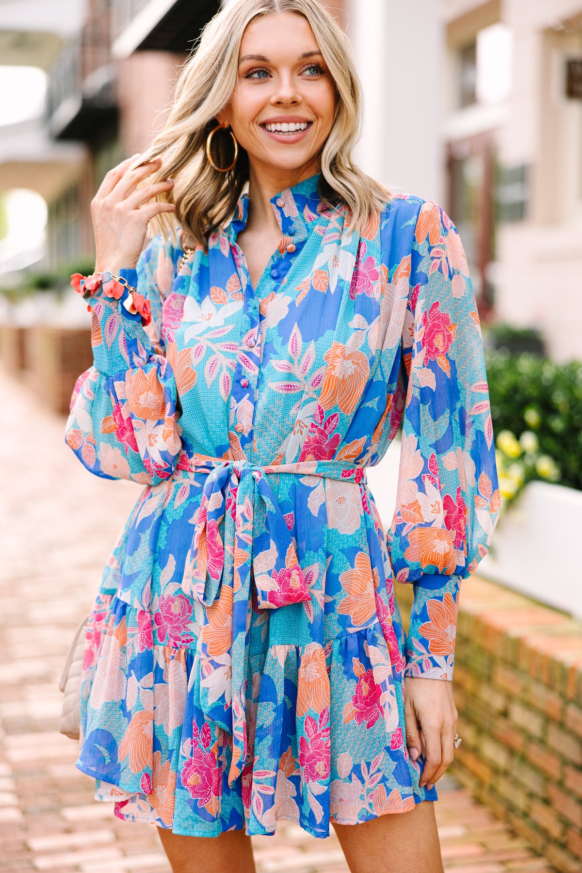 idol pink and blue tattoo print dress Strapless pink maxi dress with blue-flowered pattern, Glow-Up XXS / 0 / Pink-Blue main image 1