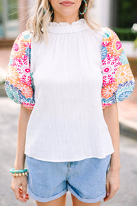 THML: On Your Heart White Embroidered Sleeve Blouse