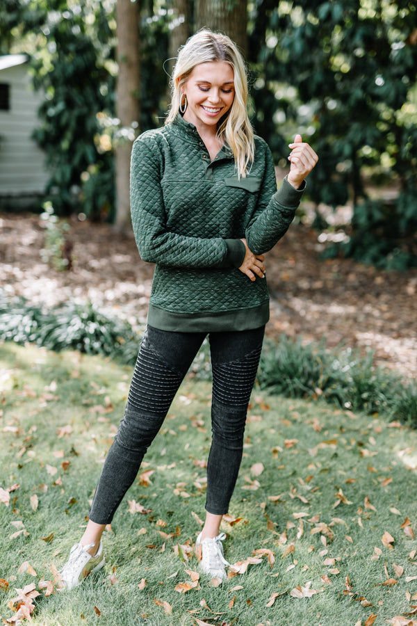 fall, winter, pullover, fall pullover, winter pullover, cozy, warm, quilted fabric, partial button down neckline, collared pullover, generous stretch, olive, green, olive pullover, green pullover