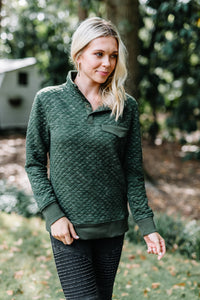 fall, winter, pullover, fall pullover, winter pullover, cozy, warm, quilted fabric, partial button down neckline, collared pullover, generous stretch, olive, green, olive pullover, green pullover