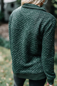 fall, winter, pullover, fall pullover, winter pullover, cozy, warm, quilted fabric, partial button down neckline, collared pullover, generous stretch, olive, green, olive pullover, green pullover