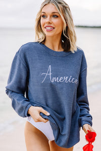 America Navy Blue Corded Embroidered Sweatshirt